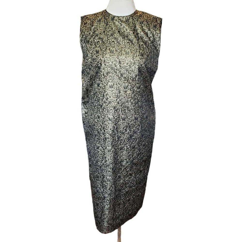 Vintage‎ Womens Black Gold Lace Shift Dress Mod Sleeveless Midi Cotton Lined 12
